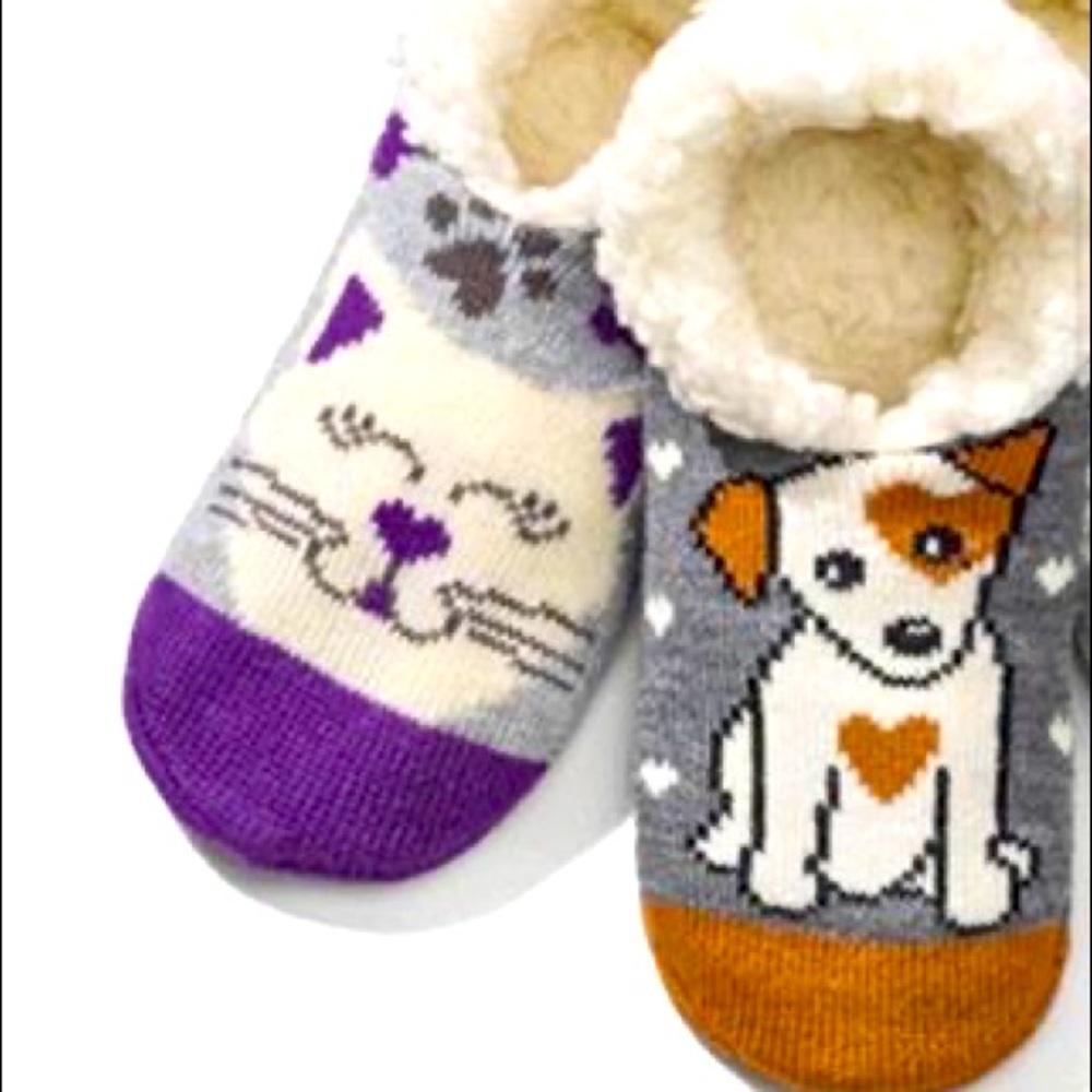 Dog Heart Paw Print Sherpa Fleece Grip Slipper Socks One Size New Fits Size 6-10